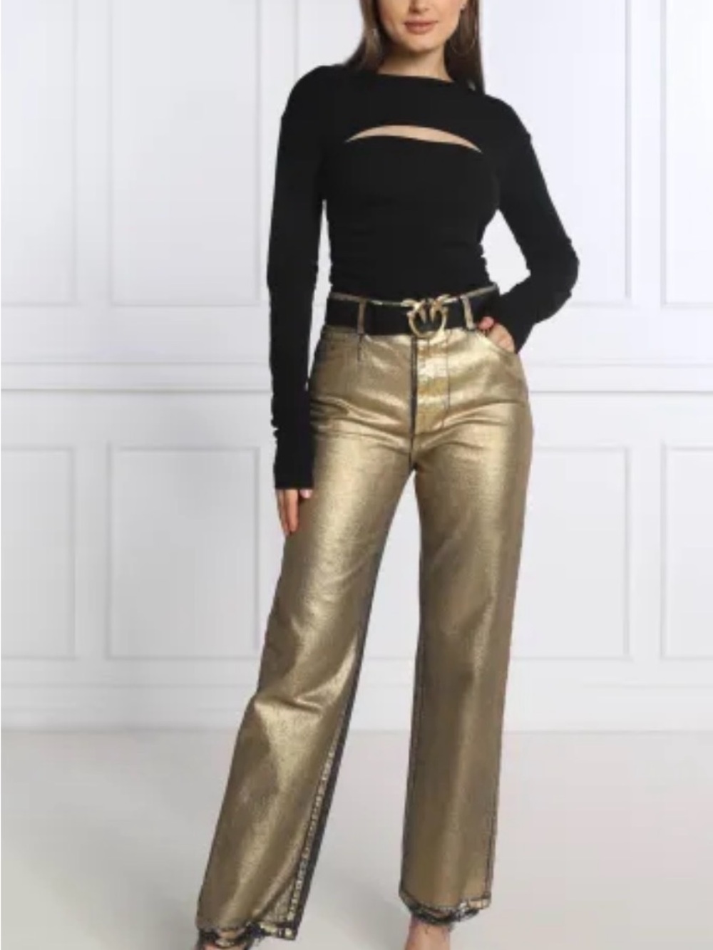 Pinko Sveva 8 Gold Foil Jeans Made in Italy High Rise Straight Leg Size 29